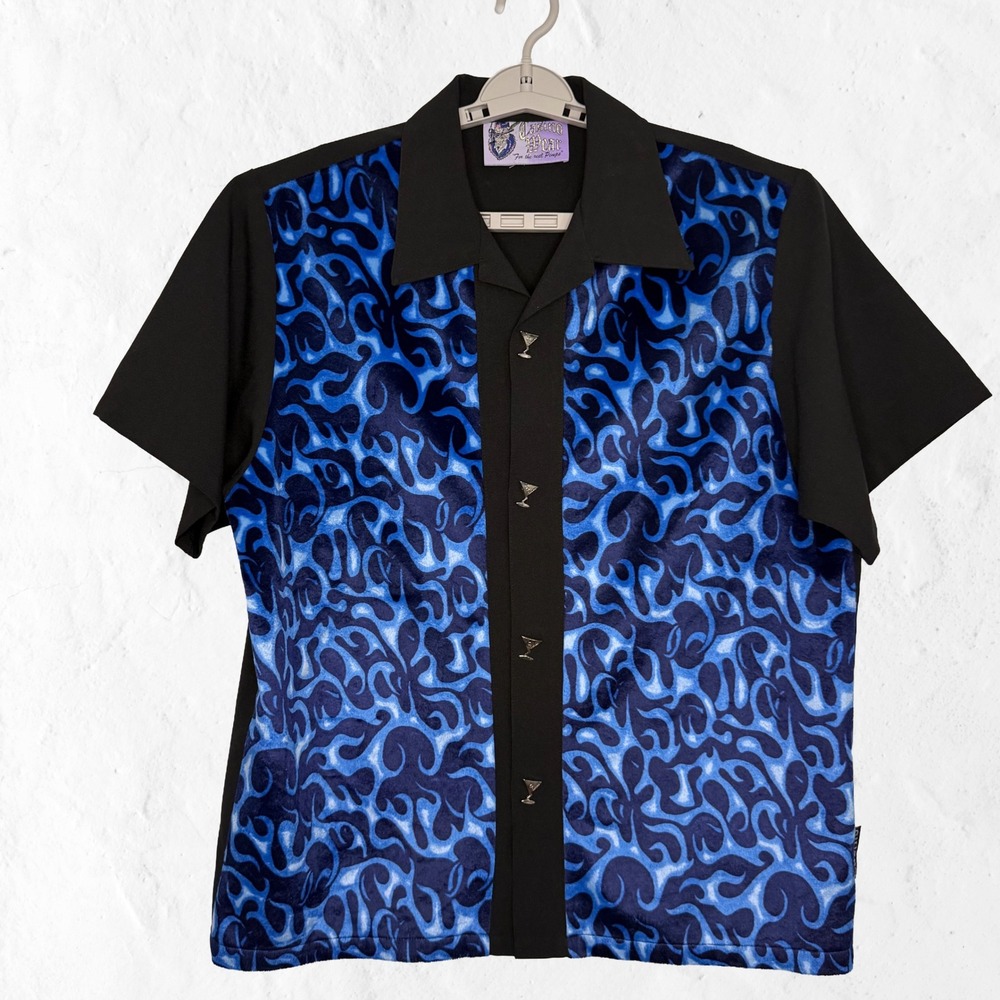 Casino Wear Button Down Shirt Mens XL Blue Black Excellent Velvet Flame Martini